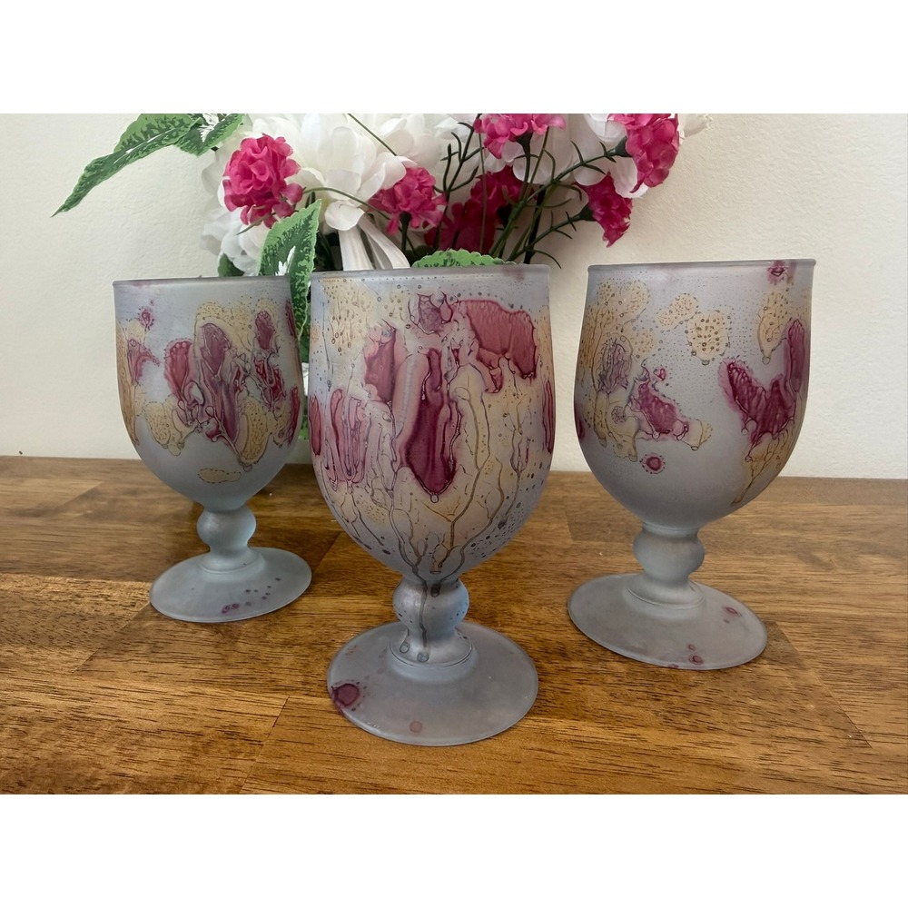 Rueven Art Nouveau Frosted Floral Wine Glasses Hand Painted‎ Set of 3 Barware